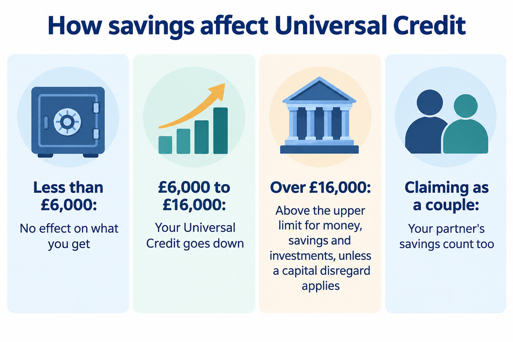 A simple chart showing the three savings bands for Universal Credit: no effect below £6,000, a reduced payment between £6,000 and £16,000, and no entitlement above £16,000