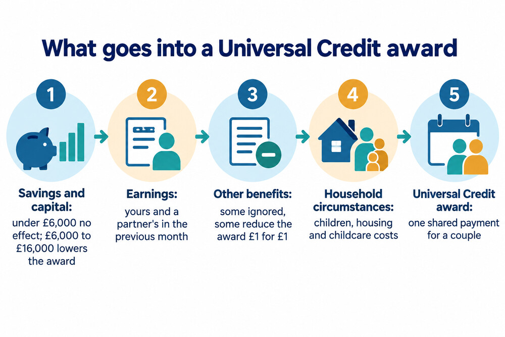 How a household's savings, earnings, other benefits and circumstances feed into a single Universal Credit award