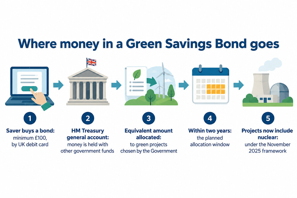 A saver's money flowing into HM Treasury's general account, with an equivalent amount later allocated to green projects