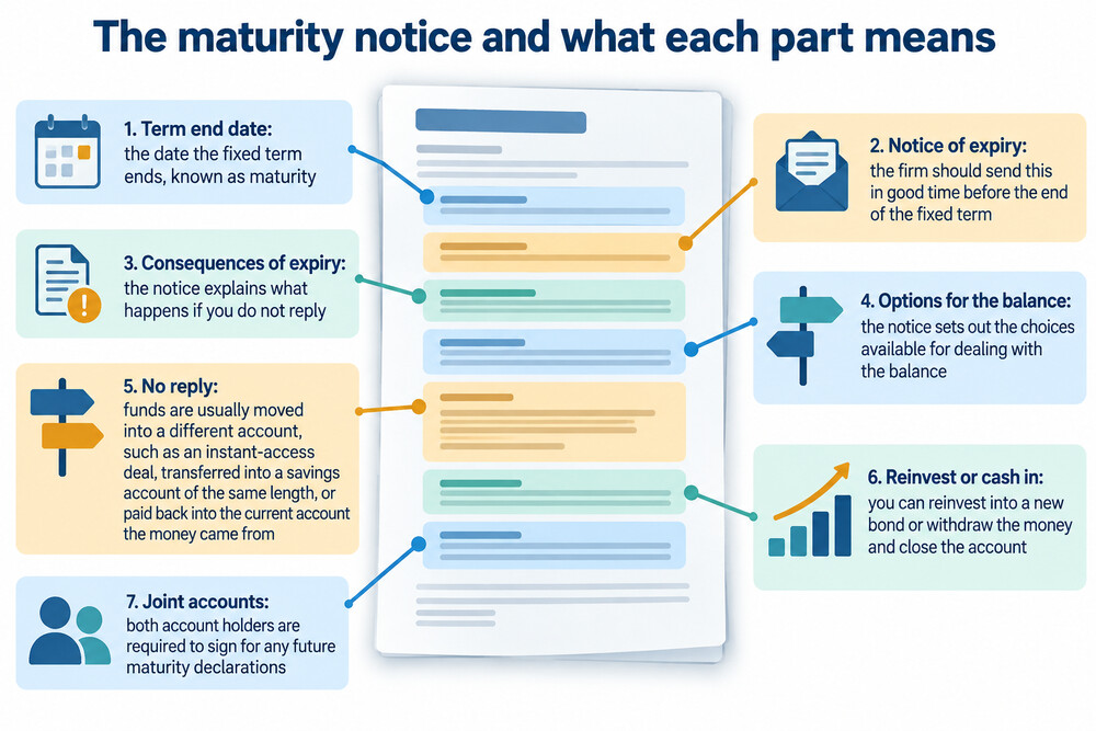 A maturity letter from a savings provider showing the term end date and the options for the balance
