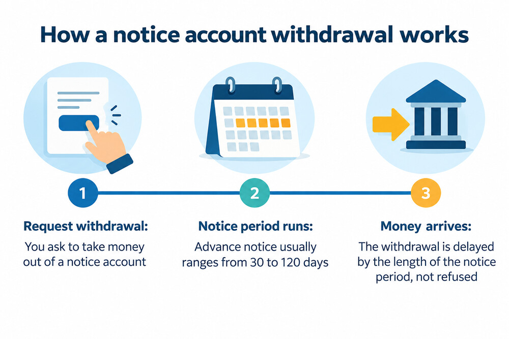 A simple timeline showing a withdrawal request, the notice period running, and the money arriving