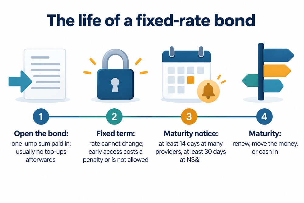 How a fixed-rate bond runs from first deposit to maturity and the choices at the end