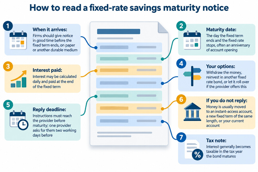 A maturity letter from a savings provider showing the options available to a saver
