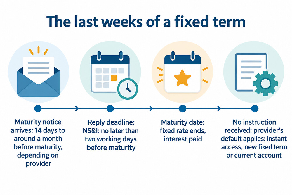A timeline running from the maturity letter to the reply deadline, the maturity date and the default taking effect