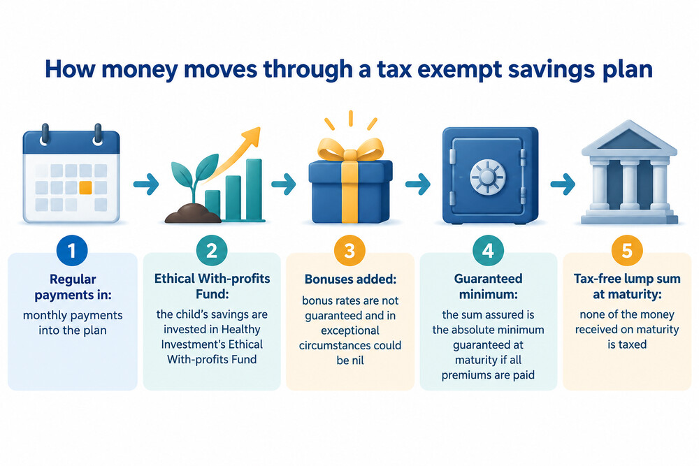 A simple diagram showing monthly payments going into a with-profits fund and a lump sum coming out at maturity