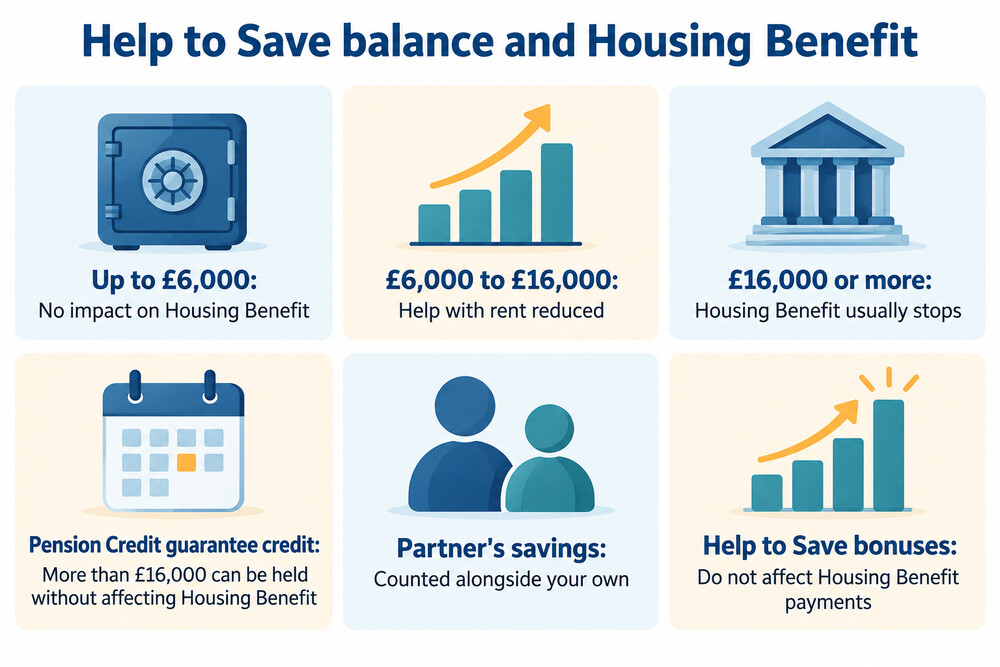 A simple table showing the £6,000 and £16,000 savings limits and what happens between them