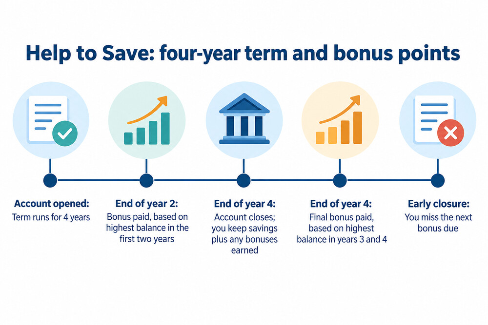 A Help to Save account statement showing the four-year term and the two bonus points