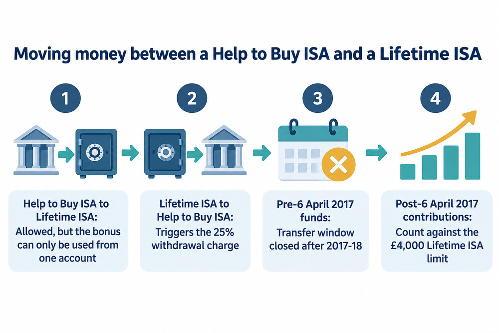 A flow showing the transfer rules between a Help to Buy ISA and a Lifetime ISA