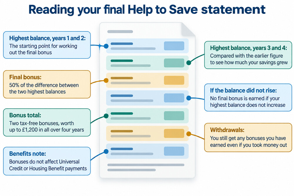 An illustration of a Help to Save account reaching the end of its four-year term, with savings and bonuses paid out