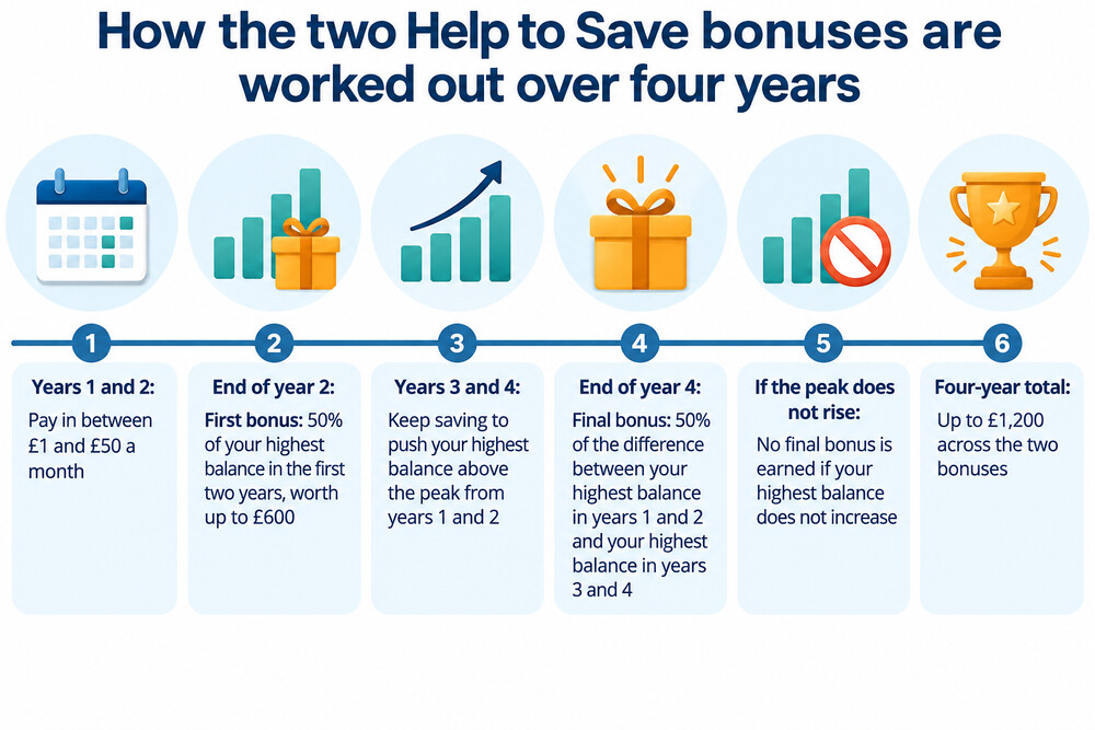A timeline graphic showing four years of saving with bonus payments marked at the end of year two and year four