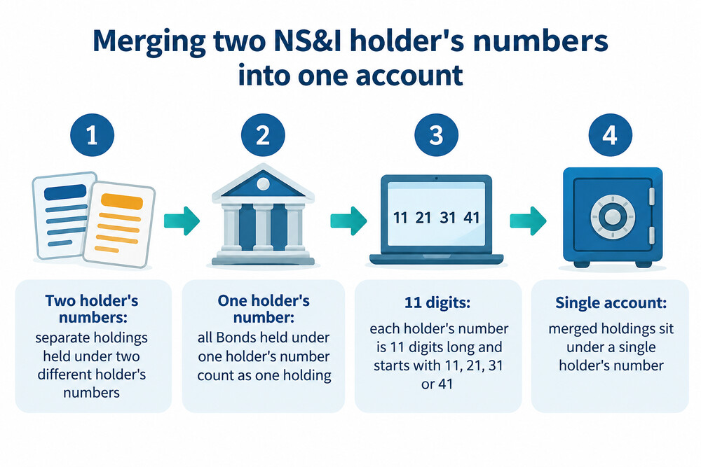 A diagram showing two holder's numbers being merged into one account