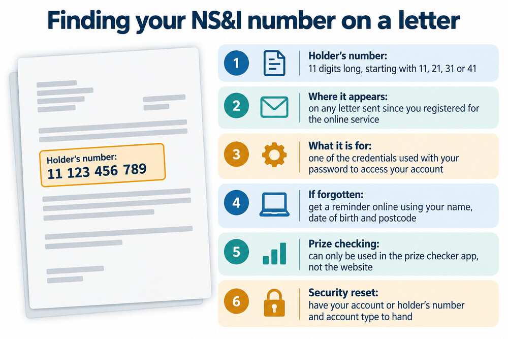 A letter from NS&amp;I showing the holder's number in the top corner
