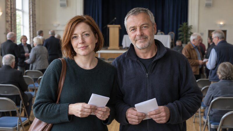 Two members stand in a meeting hall aisle each holding a folded voting paper.