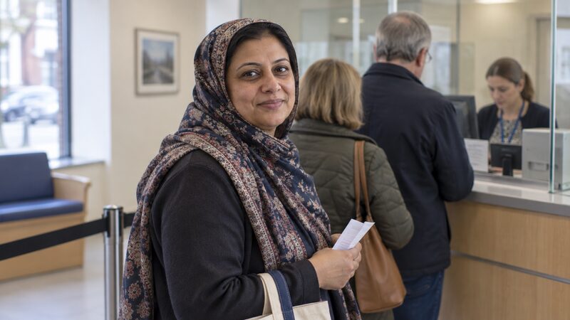 A woman waits in a short queue inside a building society branch holding a paying-in slip.
