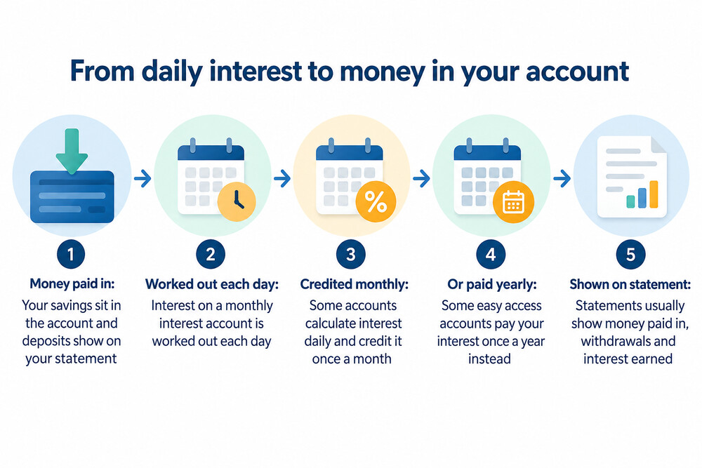 A calendar page with monthly interest payments marked on the same date each month, alongside a bank statement showing the interest credited