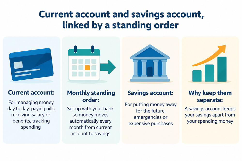A current account statement showing a monthly standing order payment going out to a savings account