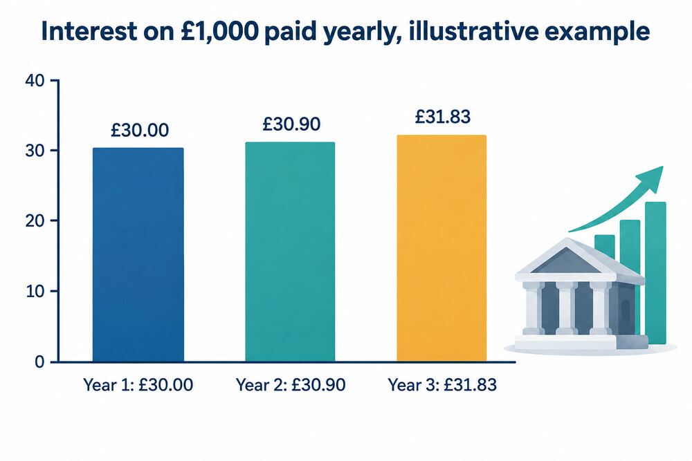Bar chart of the interest earned each year on £1,000 paid interest yearly, rising slightly from year one to year three
