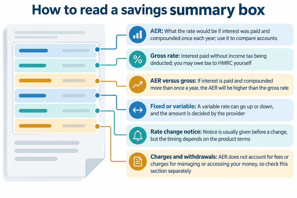 A savings account summary box showing the AER and gross rate side by side