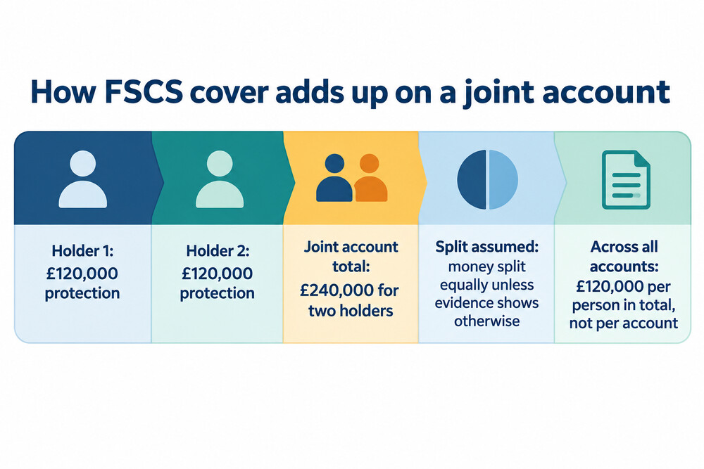 A joint account with two holders, showing each holder's £120,000 limit adding up to £240,000