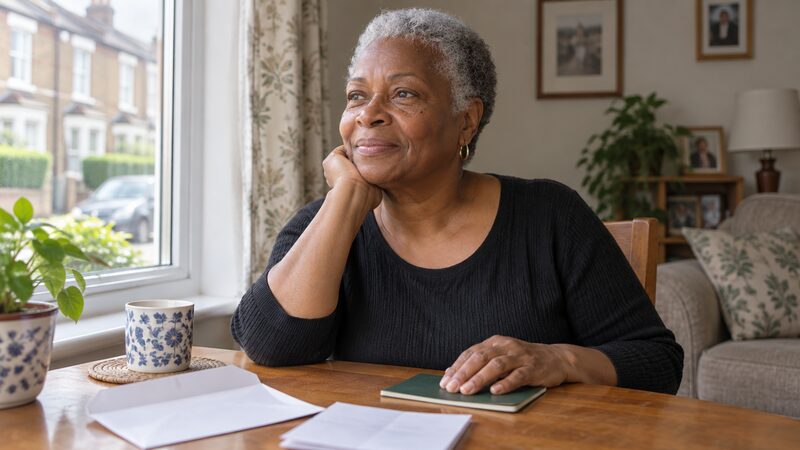 A woman sits calmly by a window with an opened envelope and a savings passbook.
