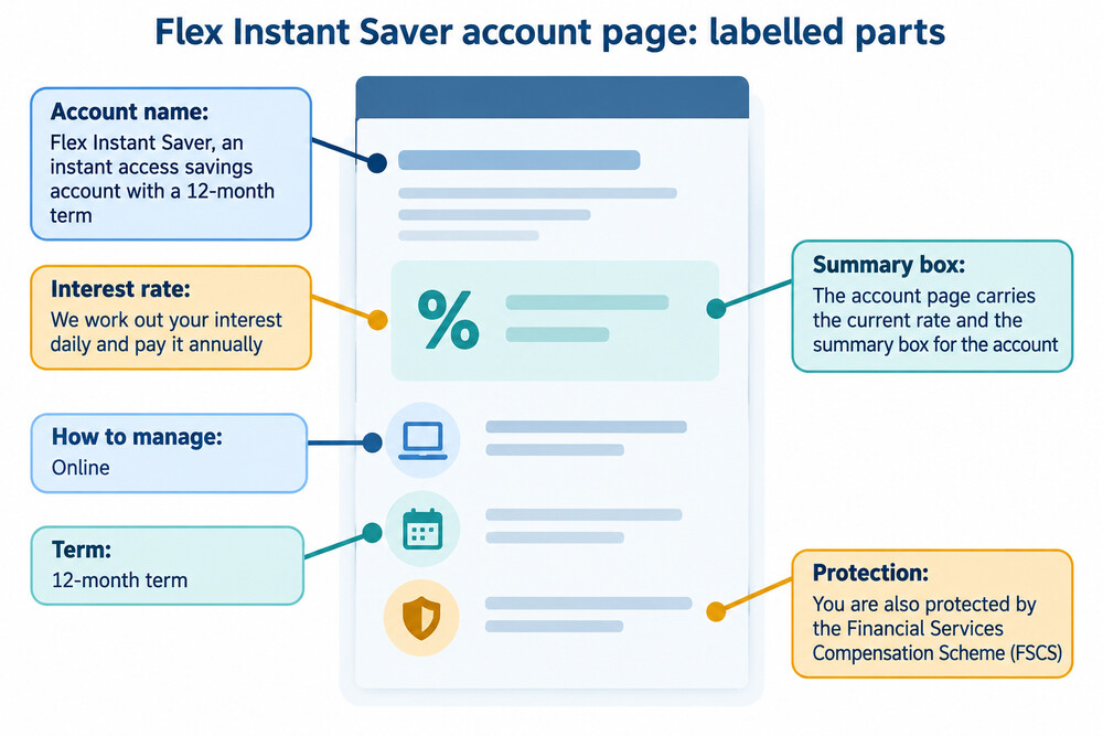 A Nationwide savings account page showing the account name, the interest rate and the summary box