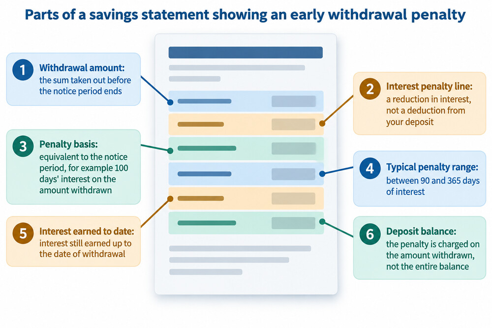 A savings account statement showing a withdrawal and a separate interest penalty line