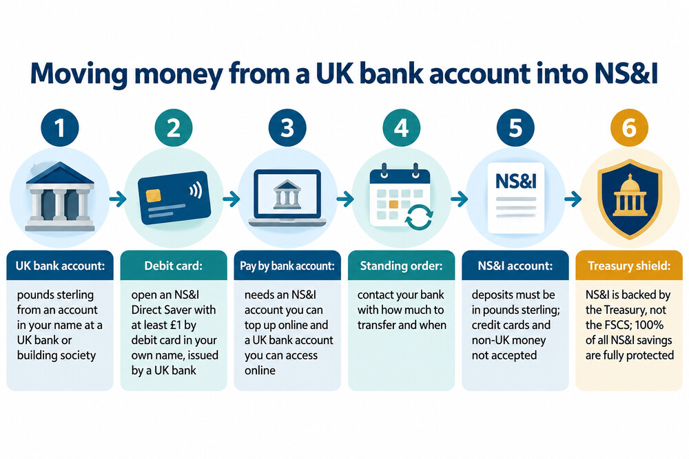 A simple diagram showing money moving from a UK bank account into an NS&amp;I account, with a Treasury shield behind the NS&amp;I side