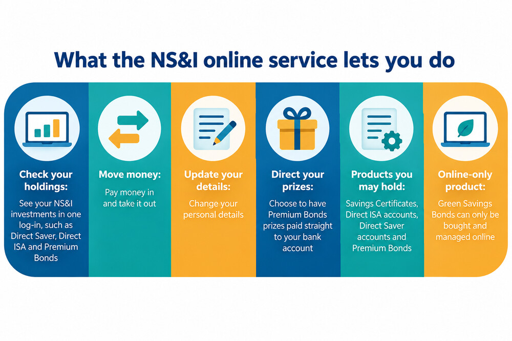 A saver logging in to the NS&amp;I website on a laptop, viewing a list of their Premium Bonds and Direct Saver balances