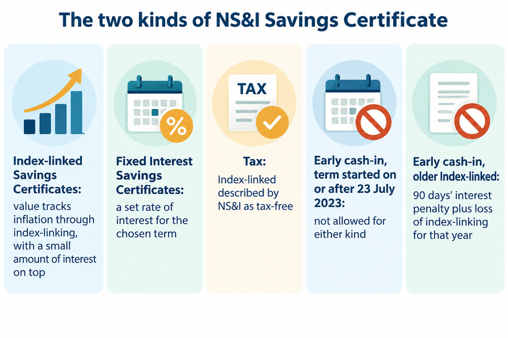 Two savings certificates side by side, one showing a fixed return and one rising with inflation
