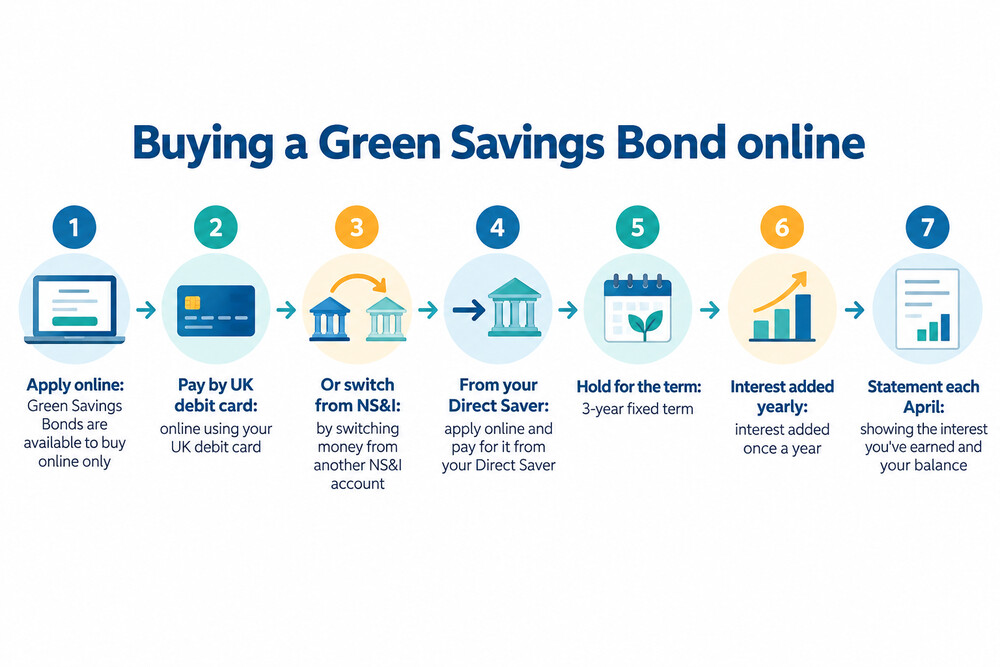 A screenshot-style illustration of the NS&amp;I online application screen for a Green Savings Bond, showing the amount field and debit card payment step