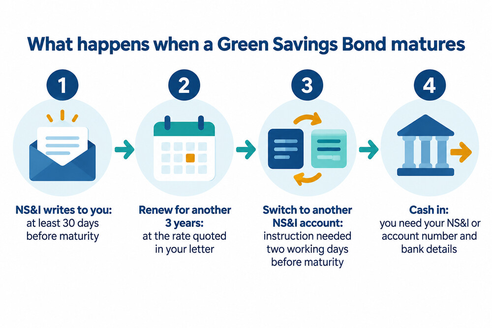 A diagram showing the three options at maturity: renew for another three years, switch to another NS&I account, or cash in