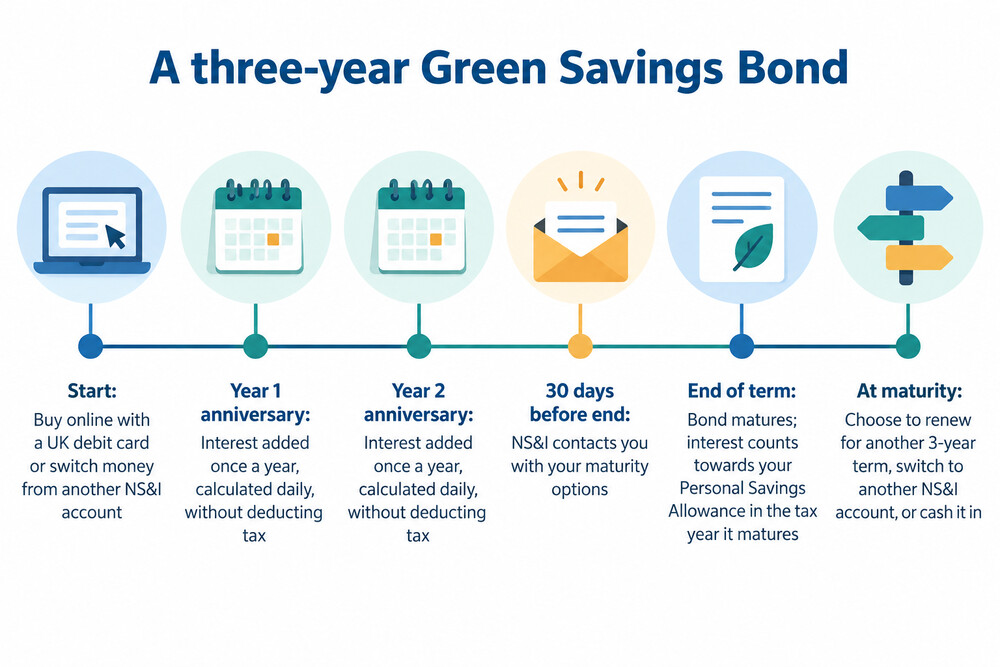 A simple timeline showing a Green Savings Bond running for three years, with interest added at each anniversary and a maturity letter arriving 30 days before the end