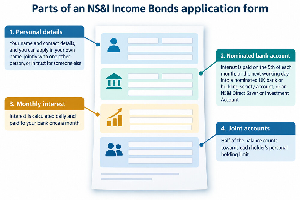 An NS&amp;I application form showing the sections for personal details, the amount to invest and the nominated bank account for monthly interest