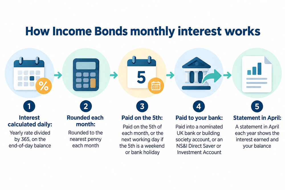 A simple diagram showing interest calculated daily on the account balance and paid out to a nominated bank account on the 5th of each month