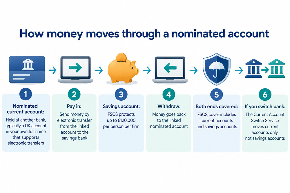 A saver using a laptop to move money from a main current account into an online savings bank account