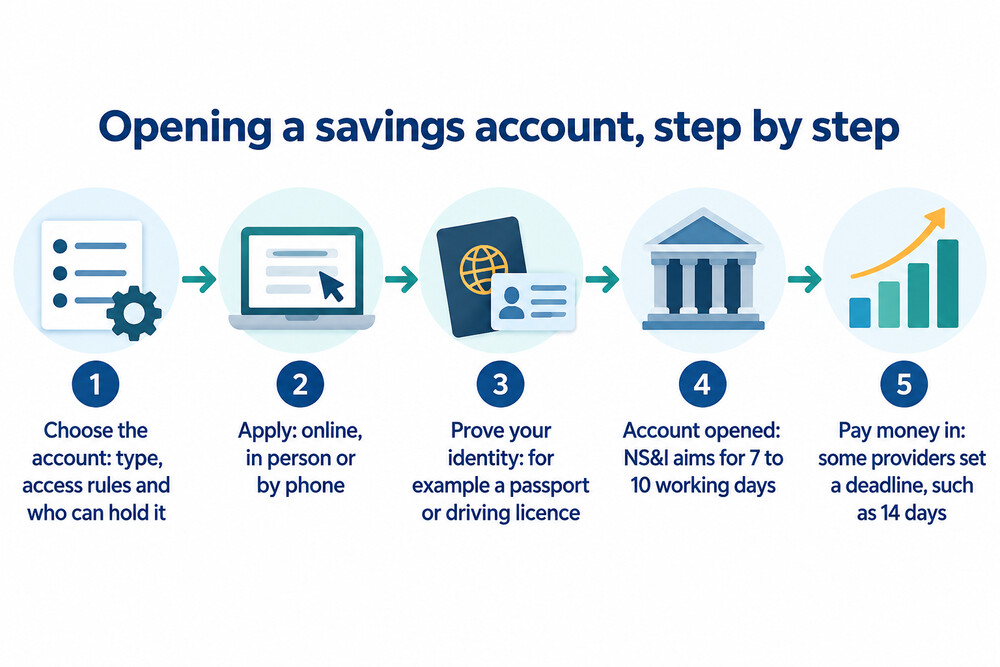 How a savings account application moves from choosing an account to the first deposit