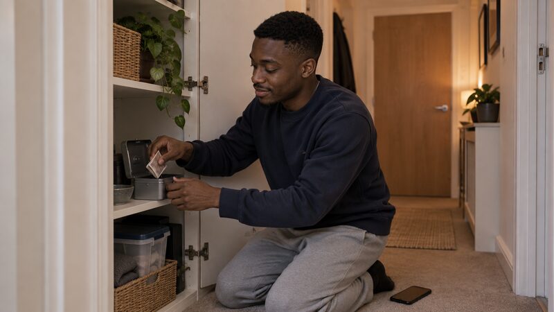A young man kneels at an open hallway cupboard, placing folded notes into a small metal cash tin.