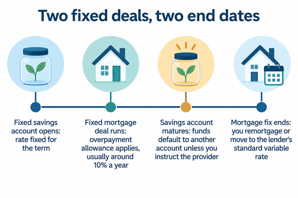 A timeline showing a fixed savings rate maturing and a fixed mortgage deal ending