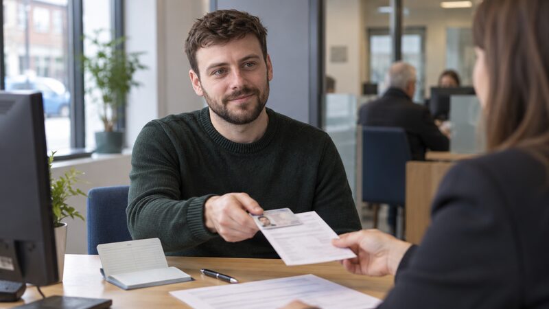 A young man sits at a branch desk, handing identity documents to a staff member while opening a savings account.