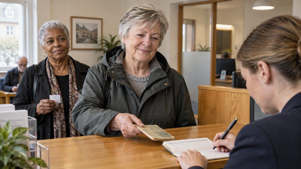 A woman hands her passbook to a clerk at a counter while another customer queues behind.