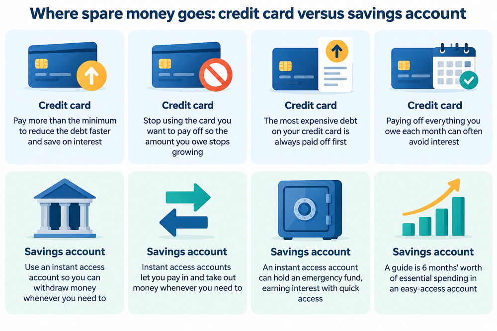 A simple side-by-side of money going to a credit card versus money going into a savings account