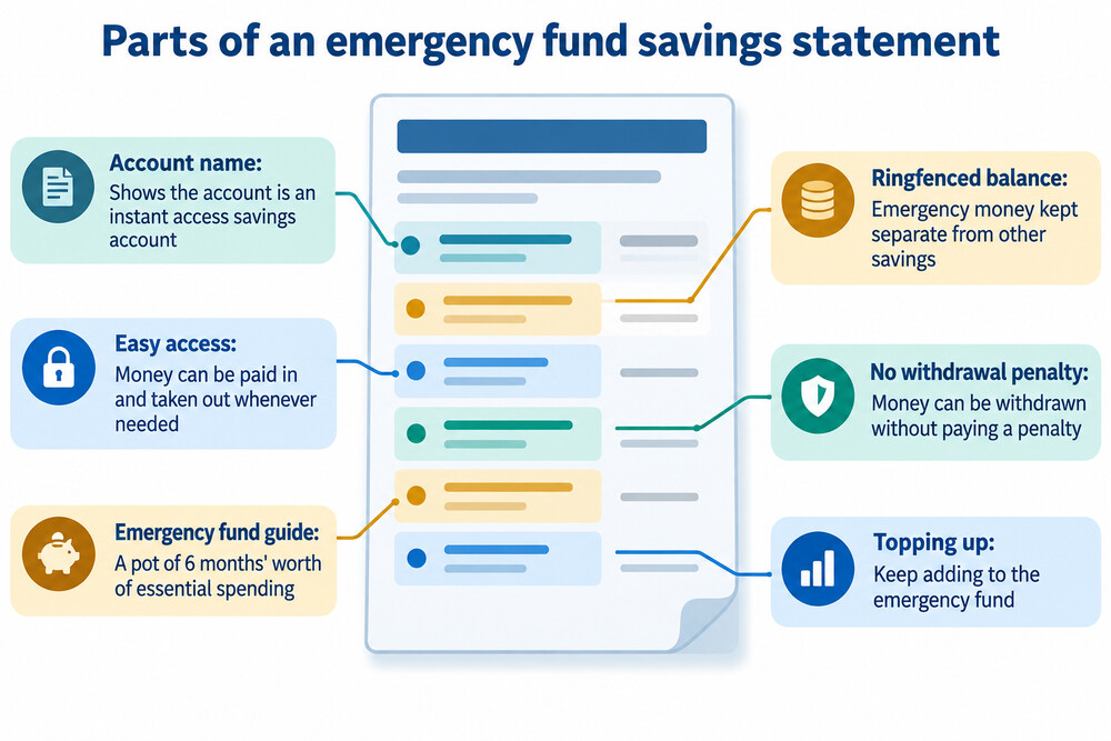 A savings account statement showing a ringfenced emergency fund balance