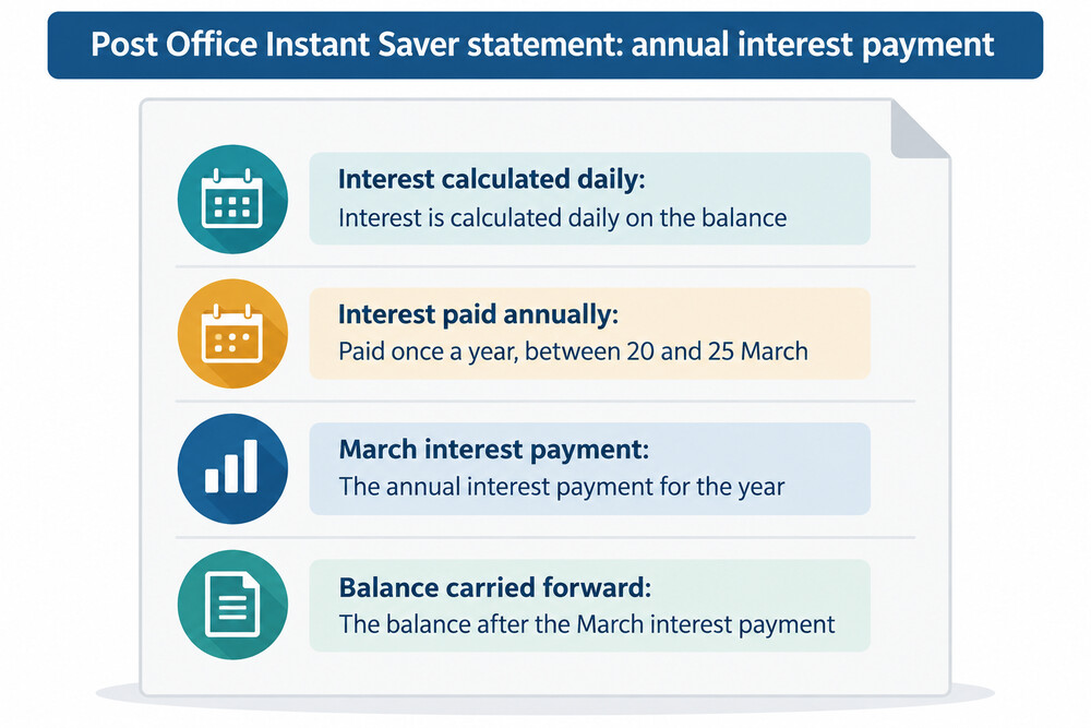 A savings account statement showing a March interest payment and the balance carried forward