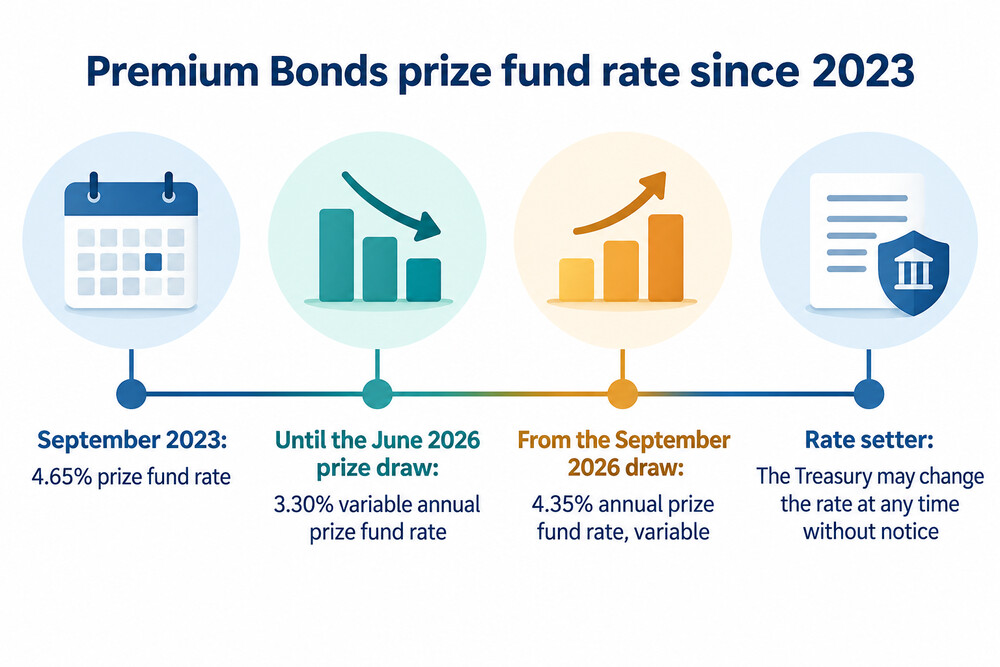 A timeline showing the prize fund rate moving from 4.65% in September 2023 to 4.35% from the September 2026 draw