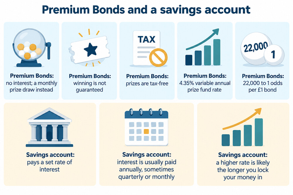 A simple side-by-side showing Premium Bonds paying prizes and a savings account paying interest