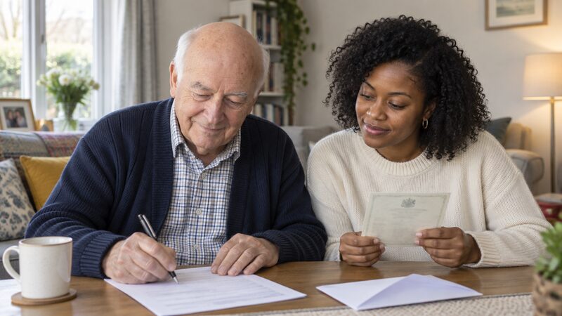 An older man and a younger woman sit at a living room table, filling in a Premium Bonds application form together.