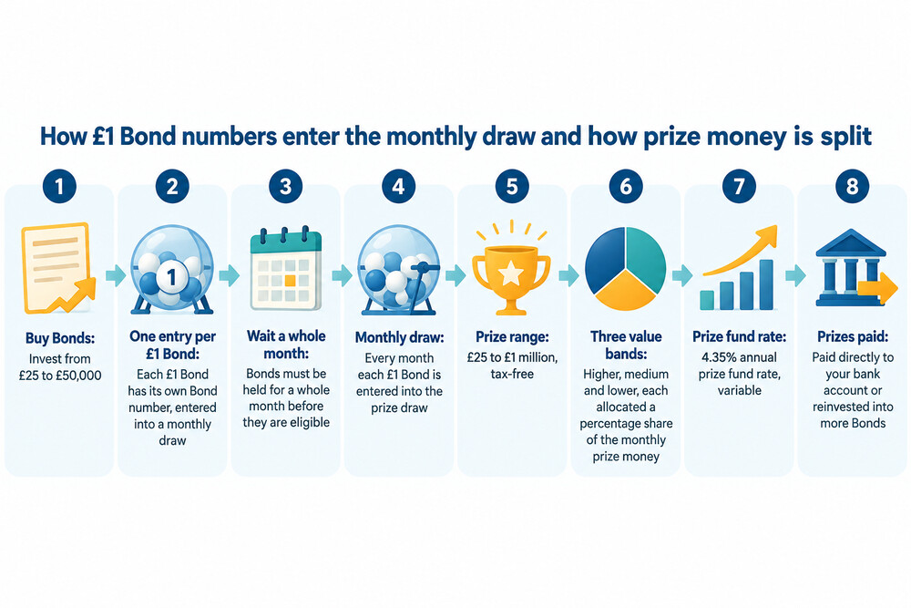 A diagram showing how £1 Bond numbers enter the monthly draw and how prize money is split across three value bands