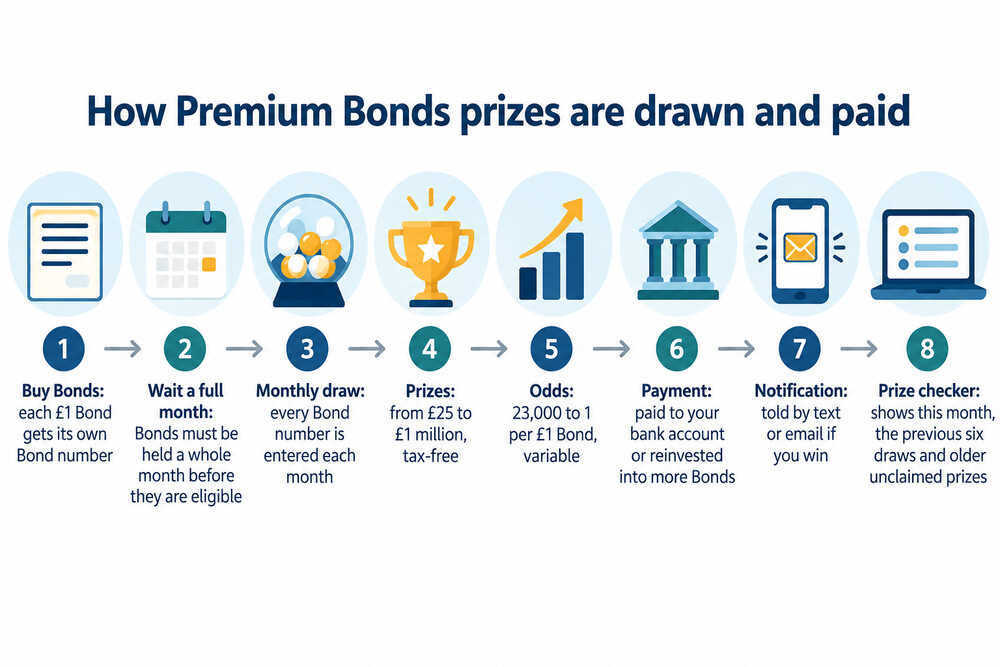 A screenshot-style image of the NS&amp;I prize checker showing this month's prizes and the previous six draws