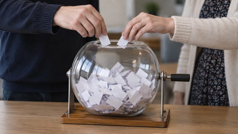 Close-up of hands dropping a folded paper slip into a clear glass draw drum on a table.