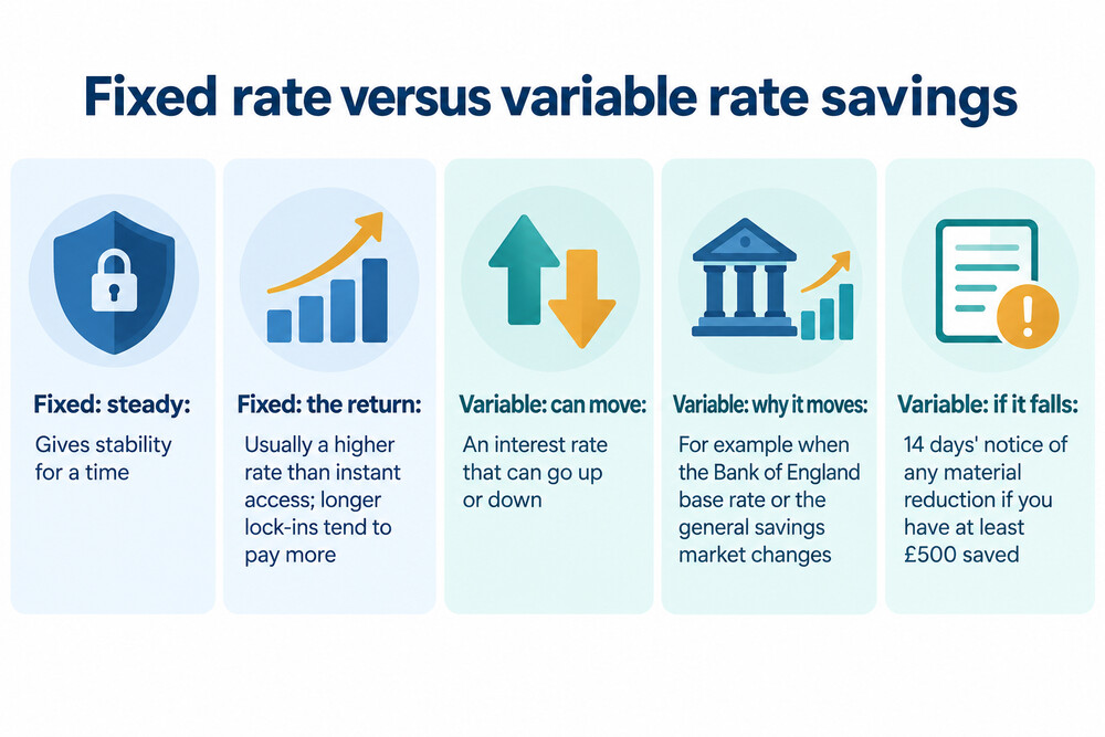Two lines over time: a variable savings rate stepping up and down, and a fixed rate holding flat until its term ends